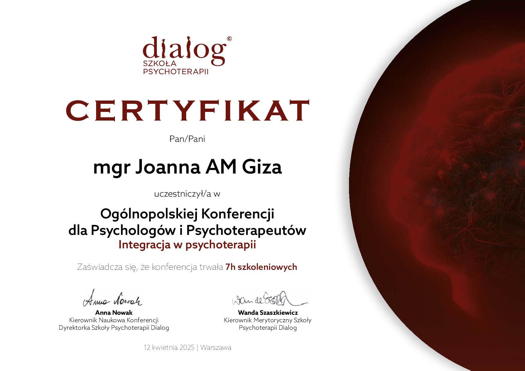 certyfikat z udziału w konferenecji dla psychologow i psychiatrow